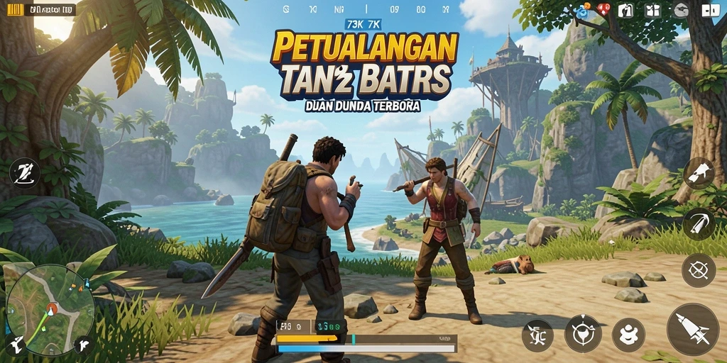 Screenshot menunjukkan karakter pemain menjelajahi landscape indah dalam 73K.