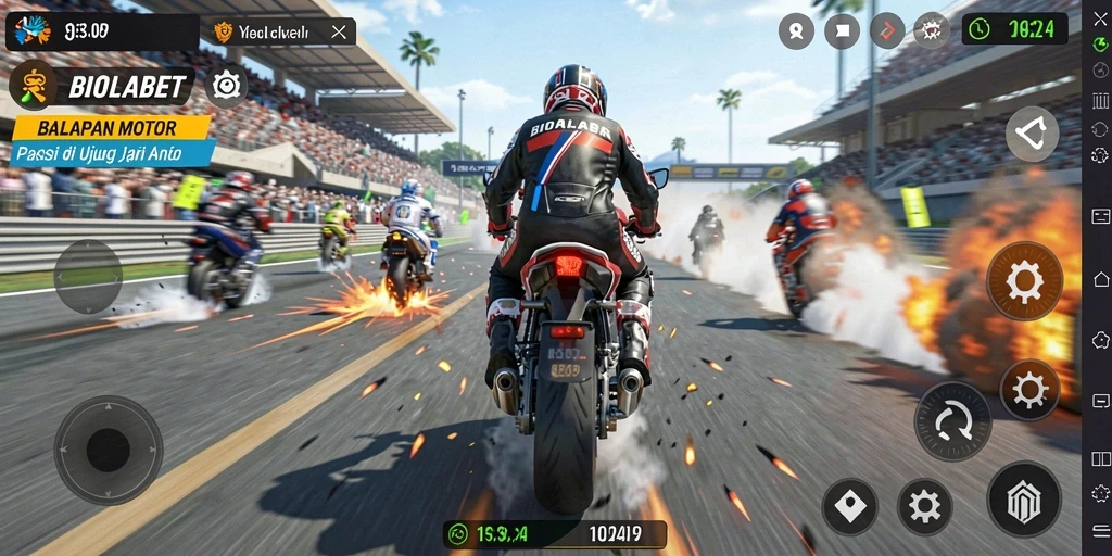 Tampilan gameplay seru dari BIOLABET dengan balapan motor yang mendebarkan.
