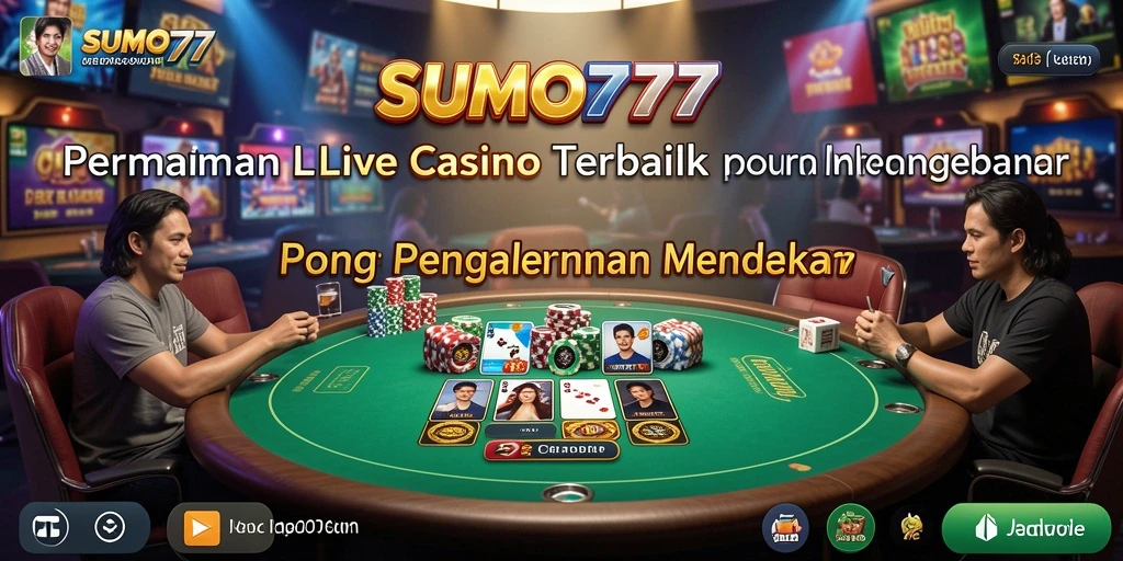 Screenshot gameplay SUMO777 dengan dealer langsung dan suasana kasino yang nyata.
